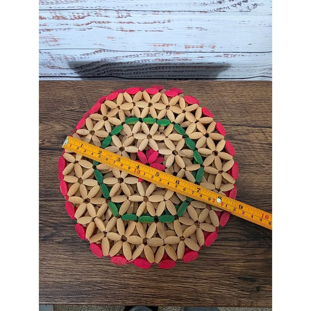 VTG (4) Bamboo Bead Trivets Christmas Wood Red Green Kitchen Decor 70s